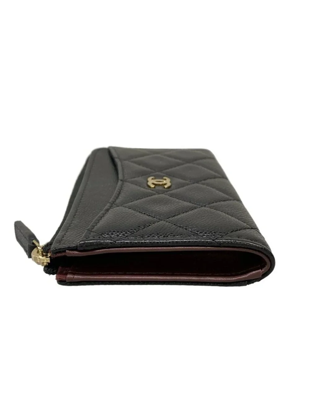 Chanel Coin Purse Classic Zip Card Case Quilted Black Gold CC Logo L-shaped